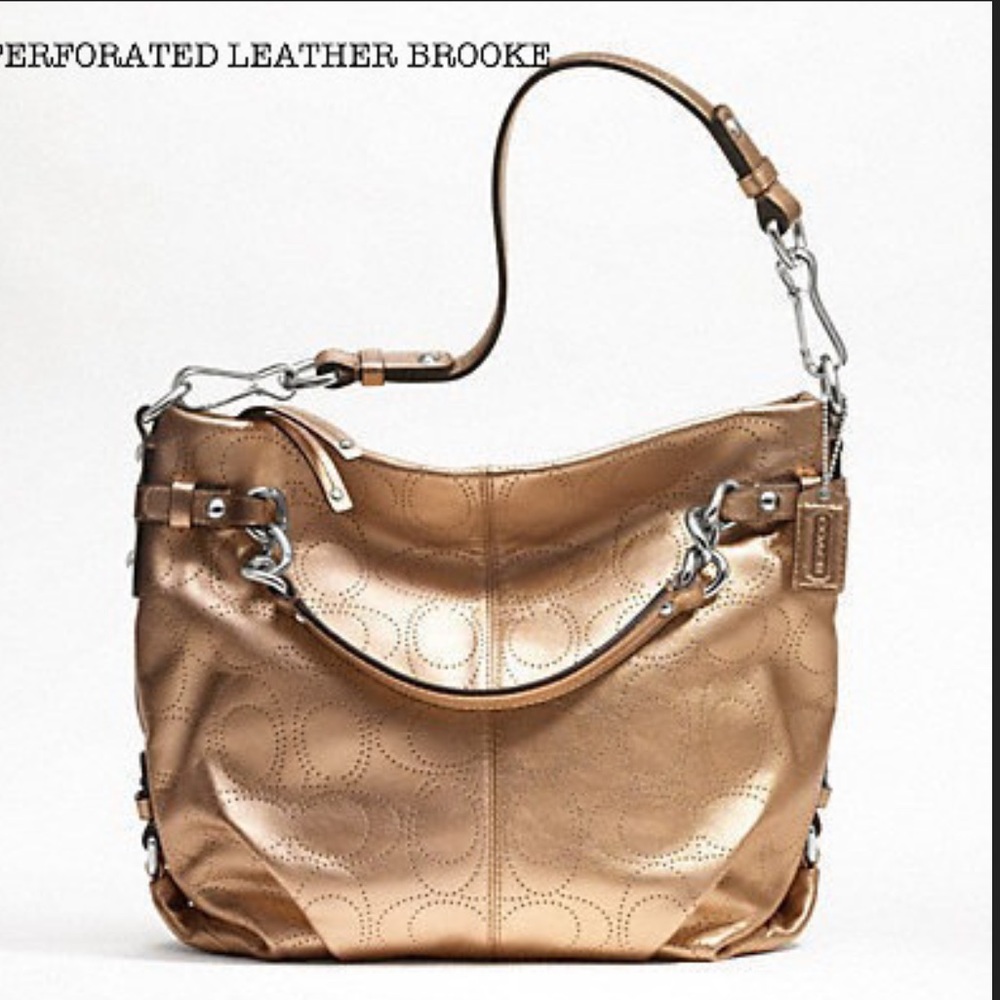 Coach 16908 Brooke Perforated Leather Metallic Gold Crossbody Hobo Bag